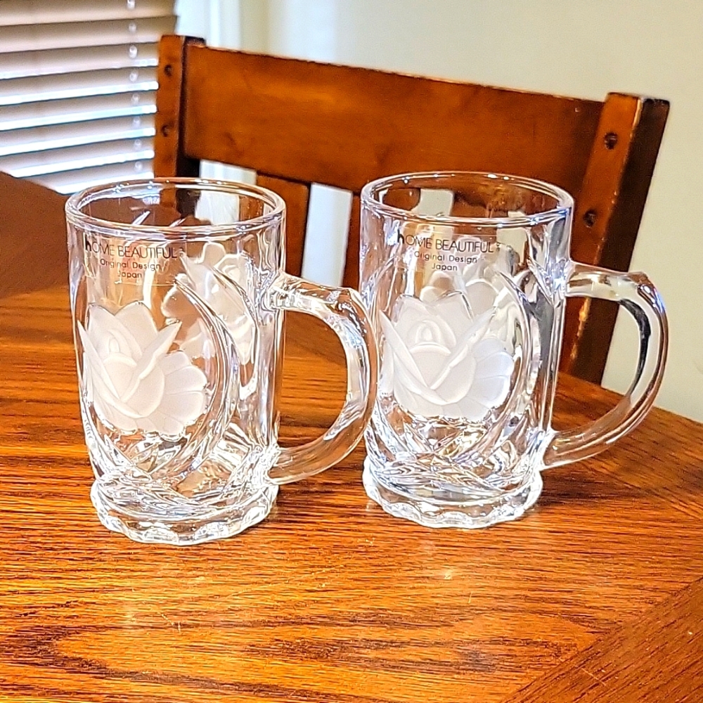 Home Beautiful Rose Pearl Set of 2 Crystal Glass / Frosted Roses Cups / Mugs